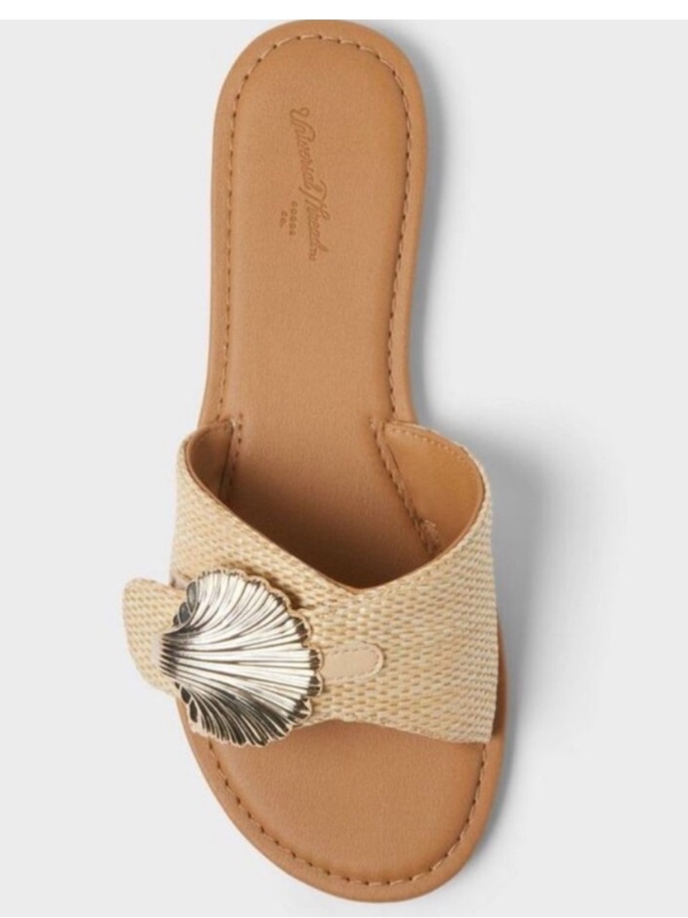 Woven Shell Slide Sandals Beige Gold Beach Resort Size 7